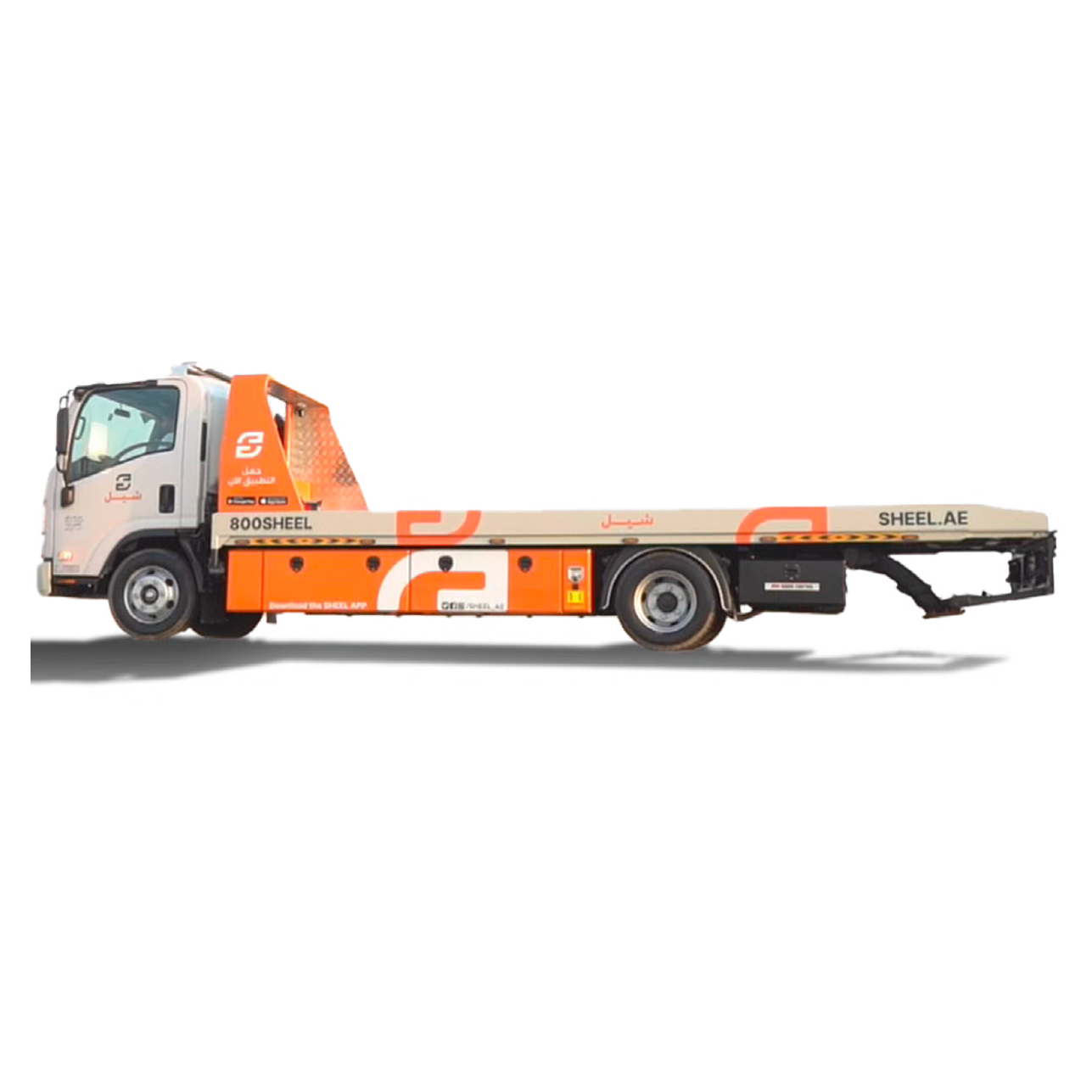 Sheel flatbed recovery truck in branded orange livery