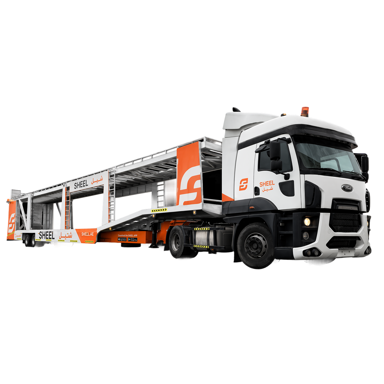 Sheel branded car carrier truck and transporter trailer